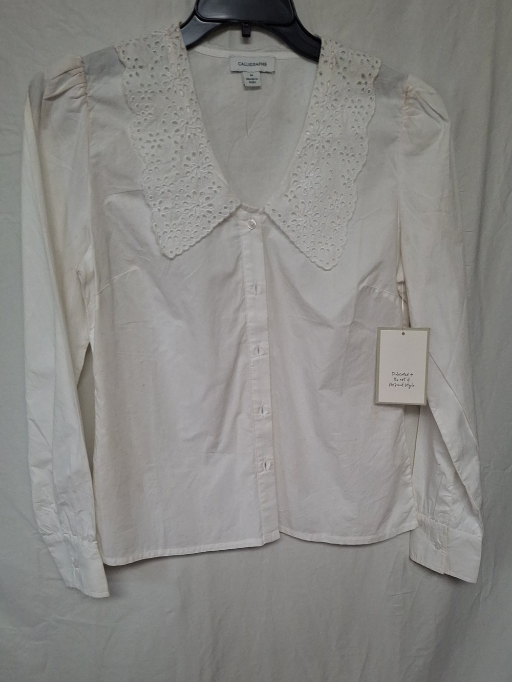 Calligraphie White Eyelet Peter Pan Statement Collar Button Up Blouse Size M